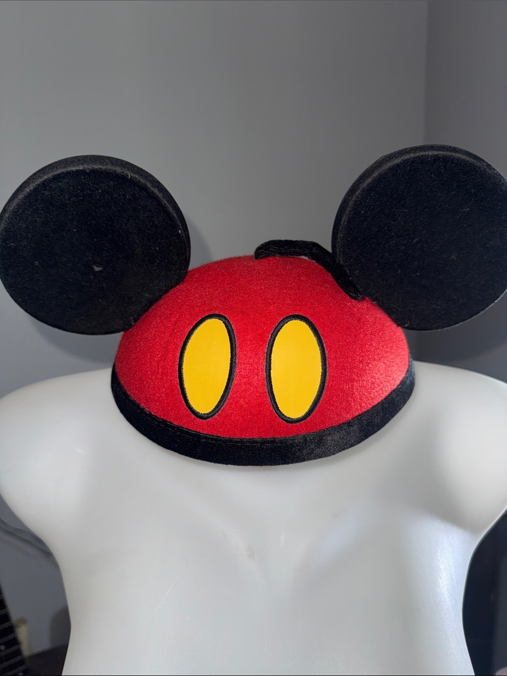 Red Mouse Ear Costume Hat with Black Ears and Yellow Accents